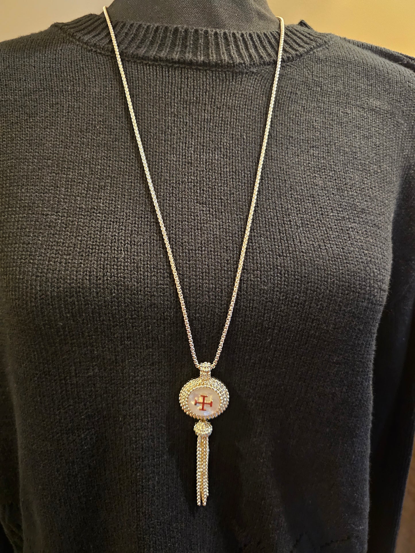 Gold Necklace with Round Enamel Pendant & Tassel