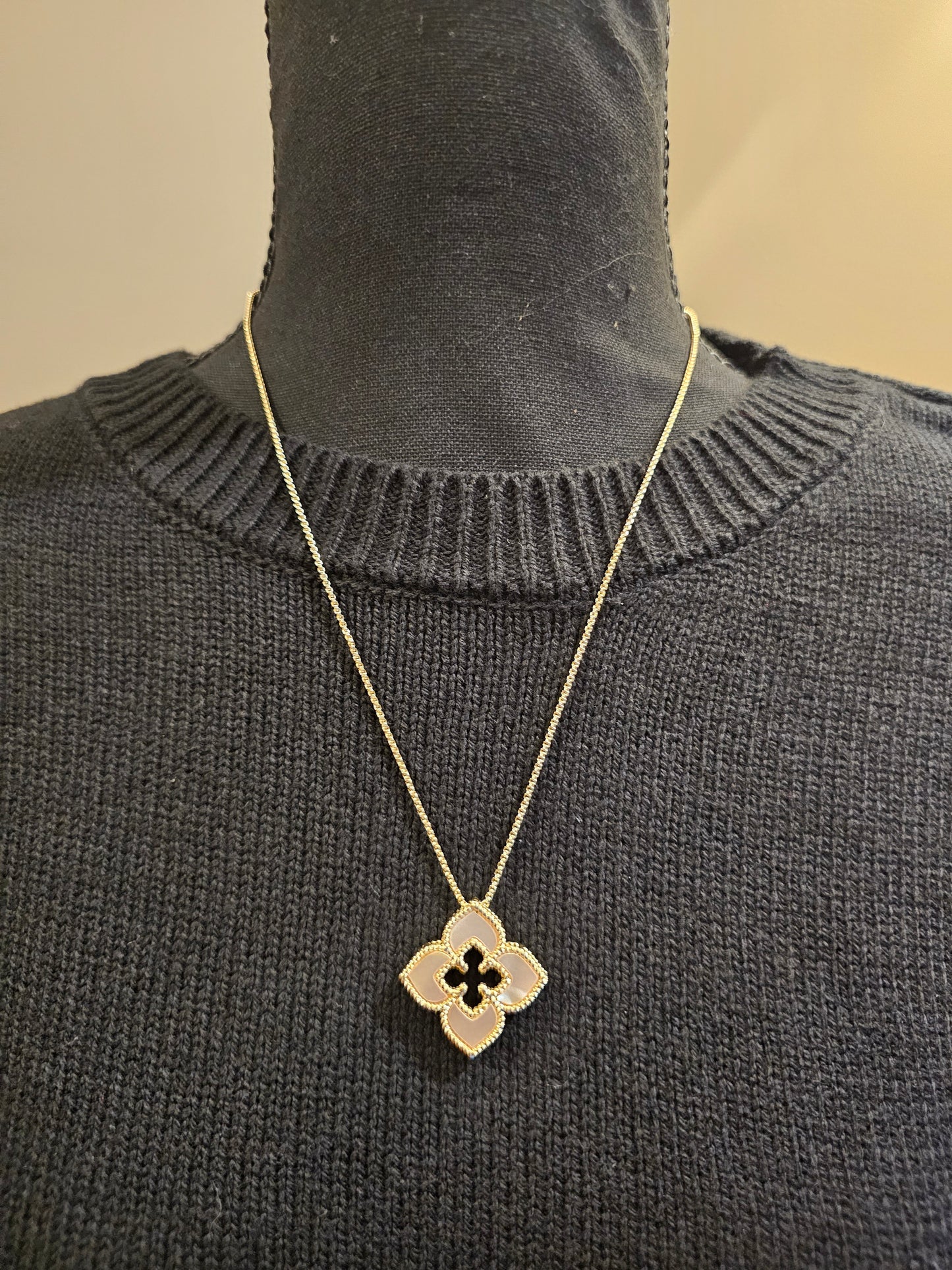 Gold Necklace with Enamel Pearl Flower Shaped Pendant