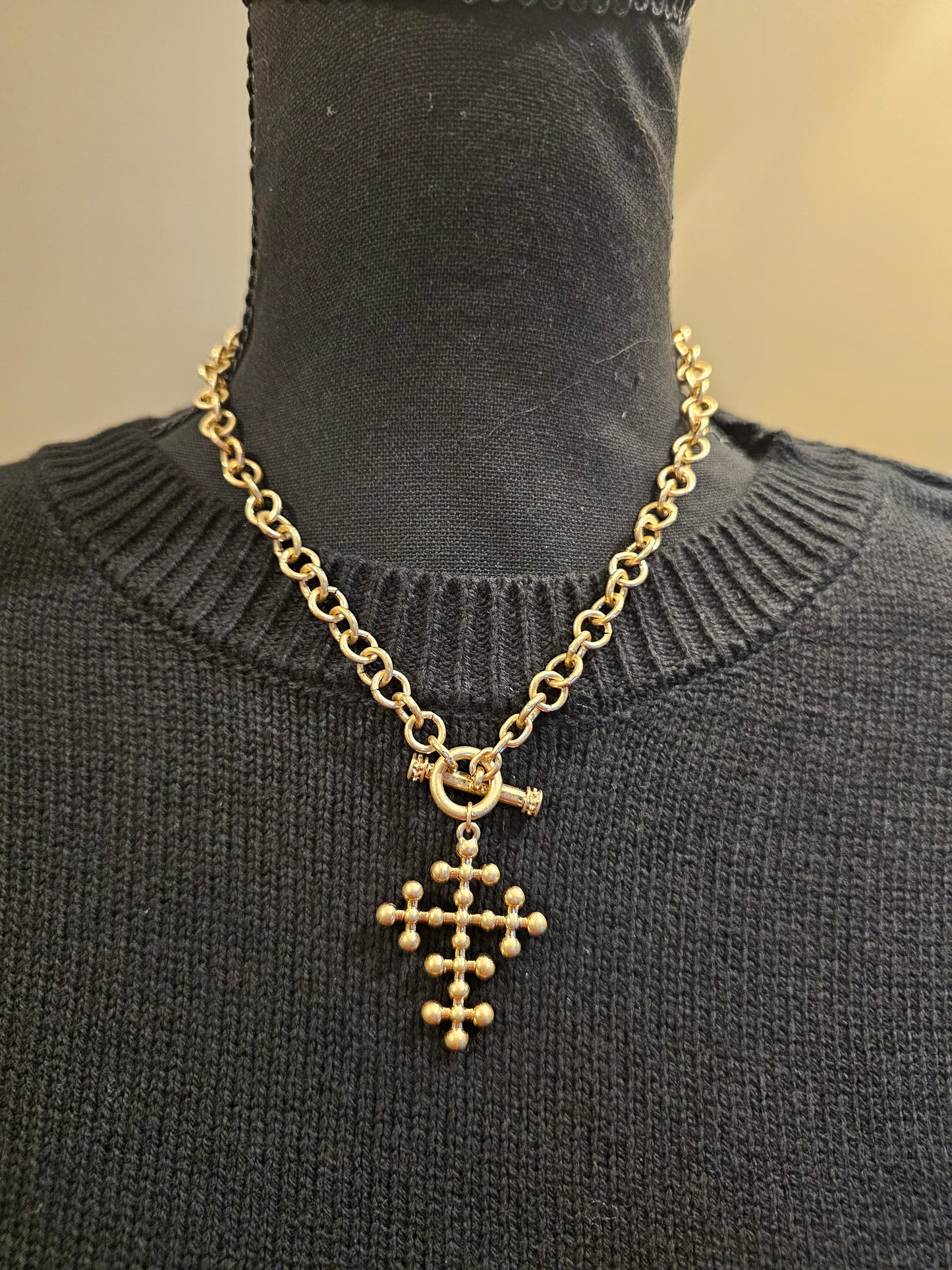 Brushed Gold Necklace with Beaded Cross Pendant