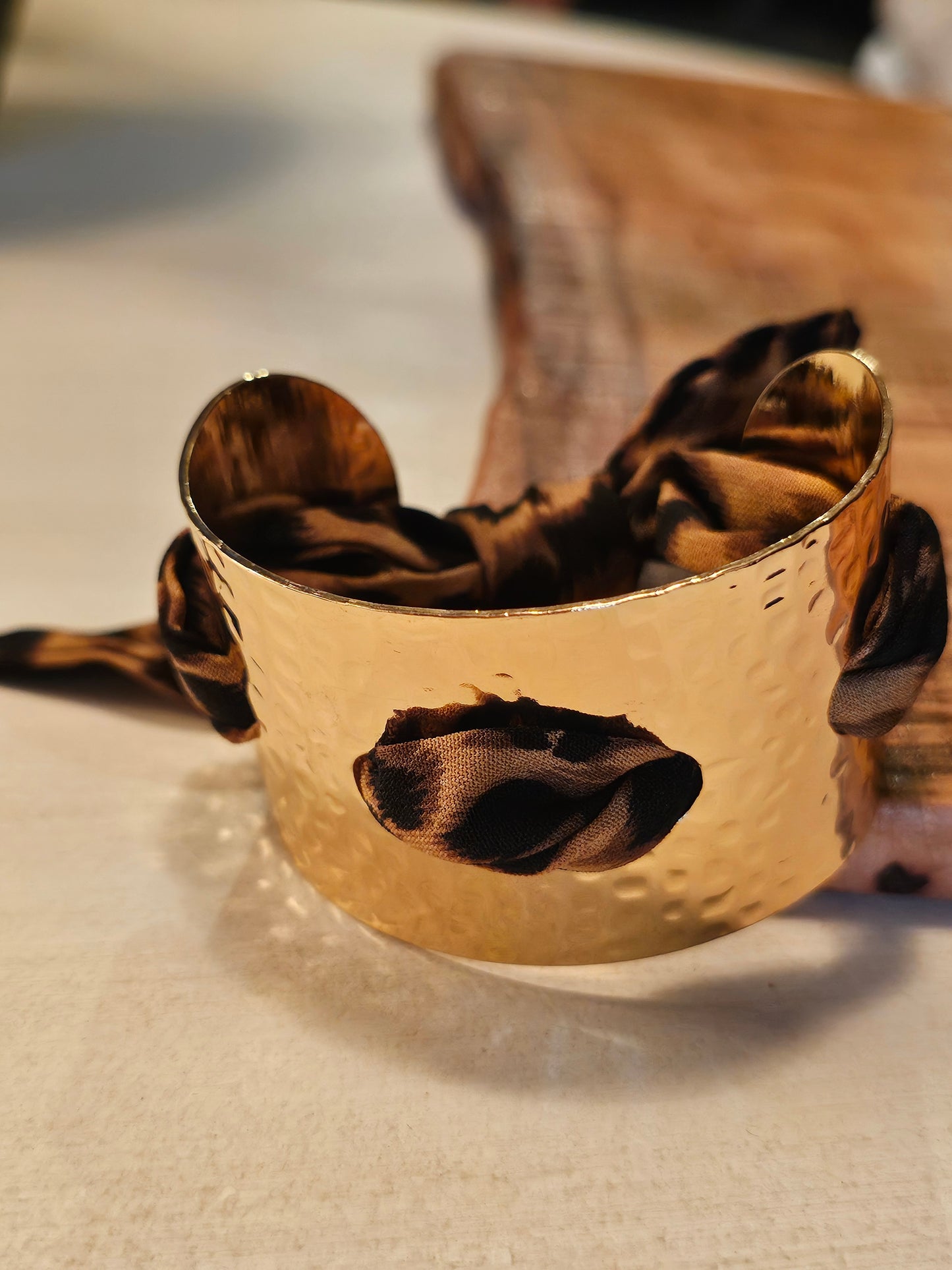 Gold Hammered Cuff with Leopard Print Scarf Detail