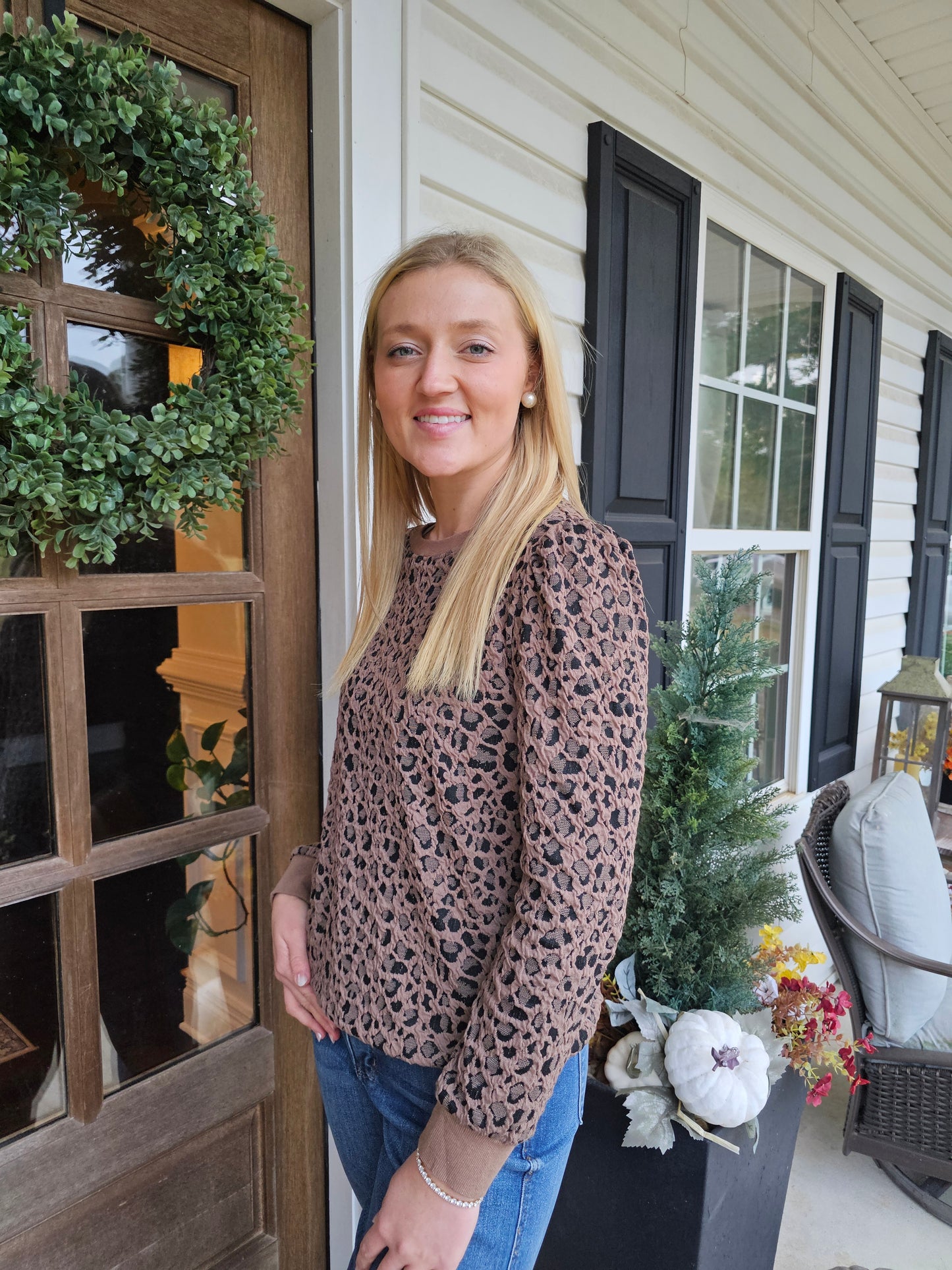 Brown Ribbed Trim Leopard Print Long Sleeve Top