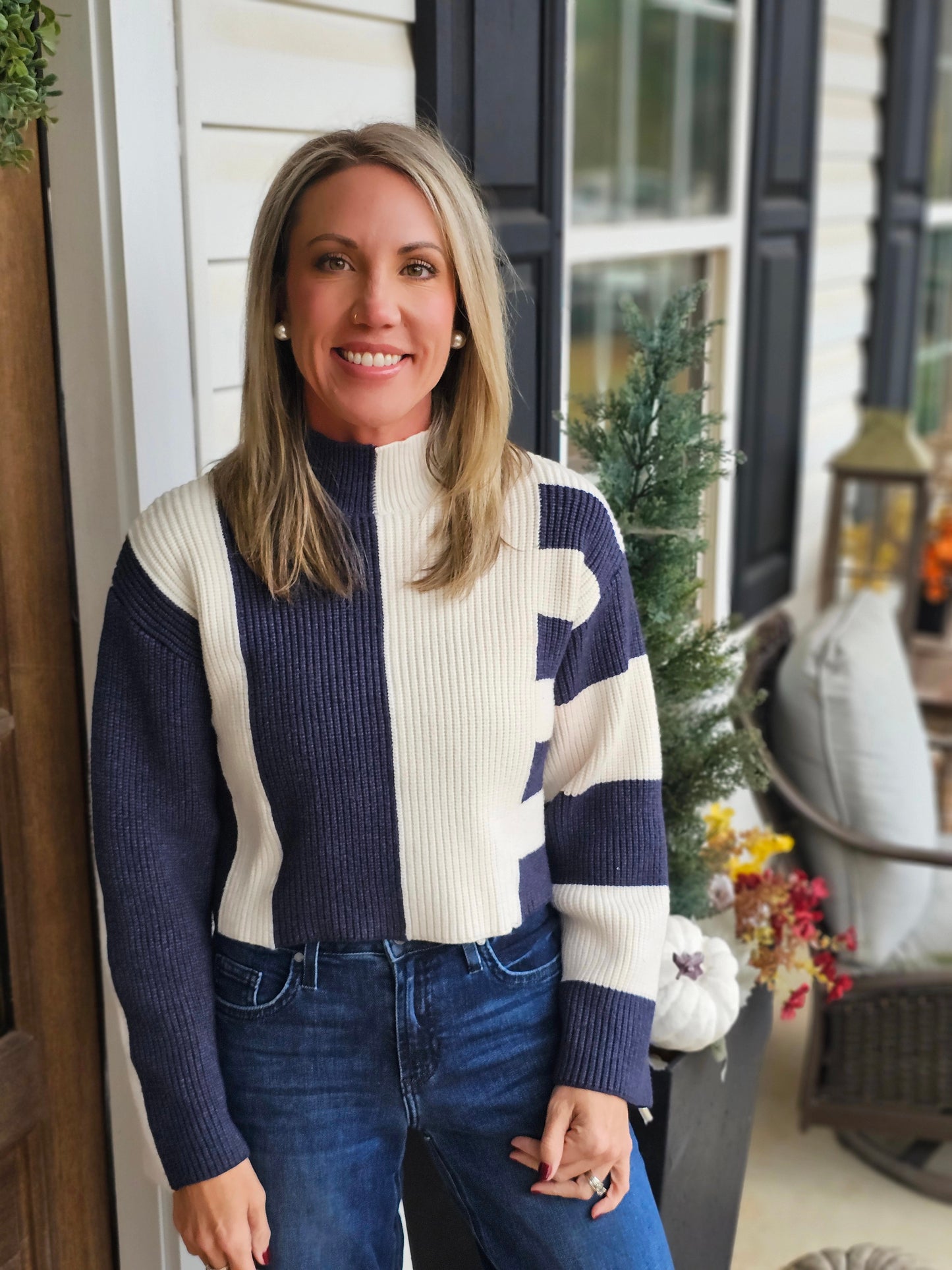 Color Block Mock Turtleneck Sweater