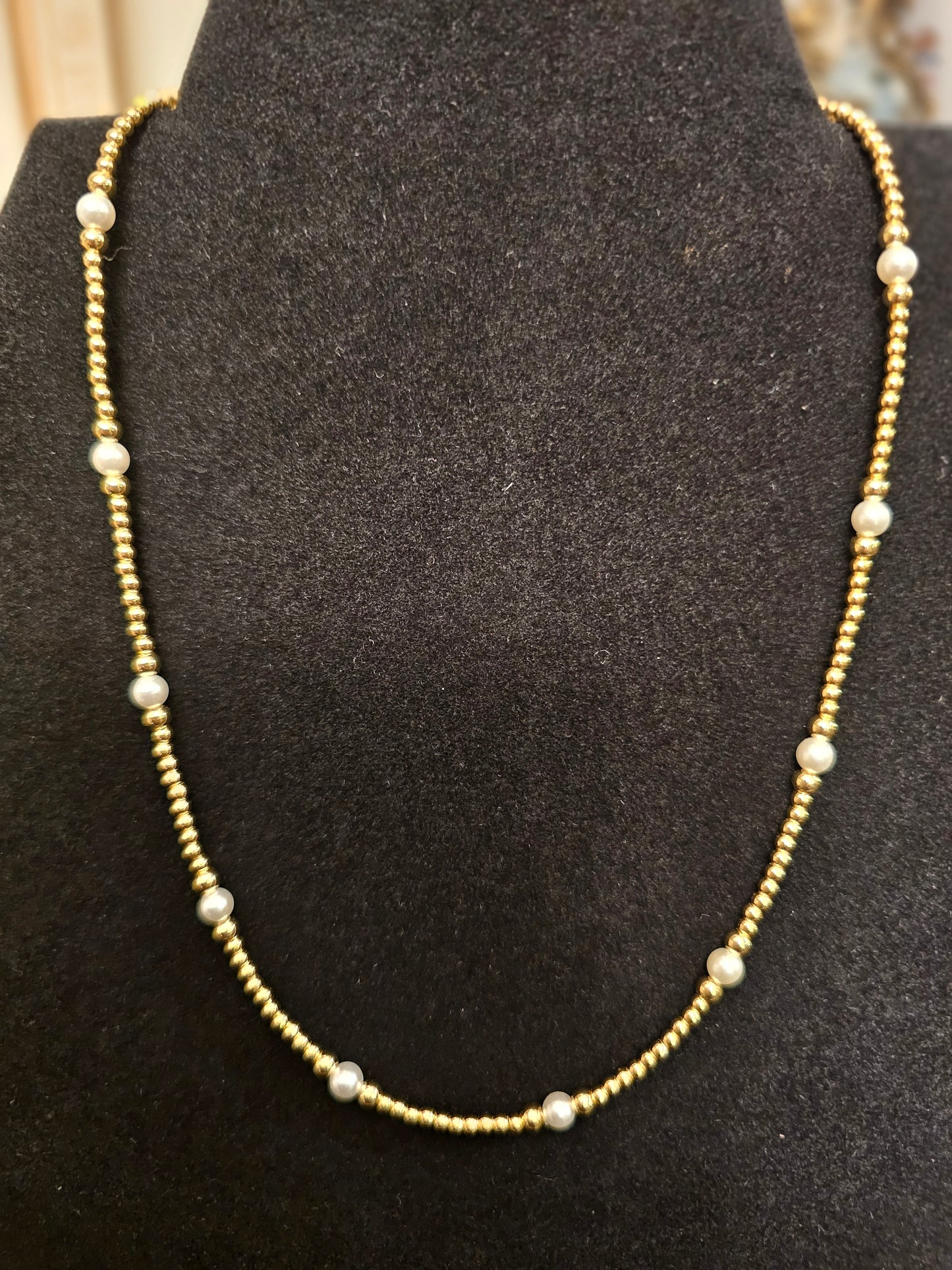 Gold Beaded Necklace with Pearl Accent Beads