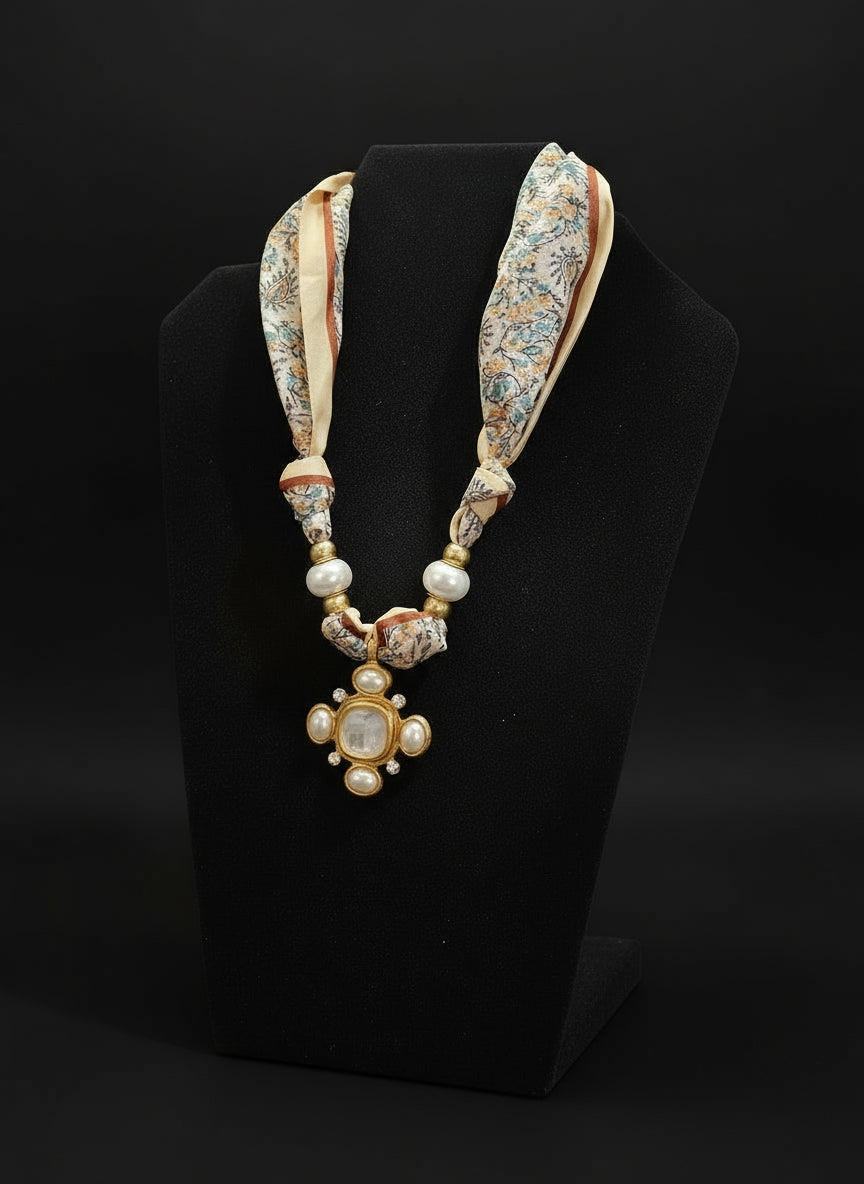 Cream Vintage Charm Scarf Necklace w/ Pendant