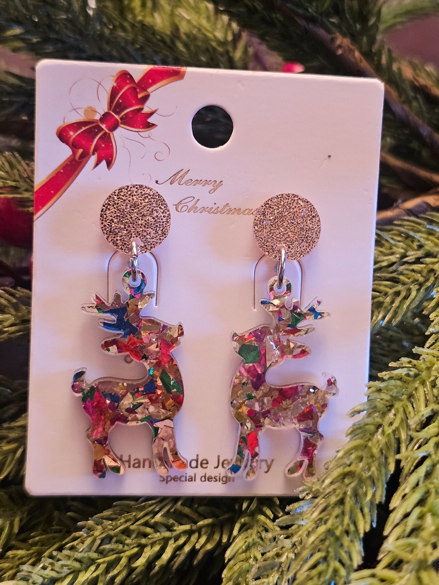 Acrylic Confetti Reindeer Shaped Dangle Earrings