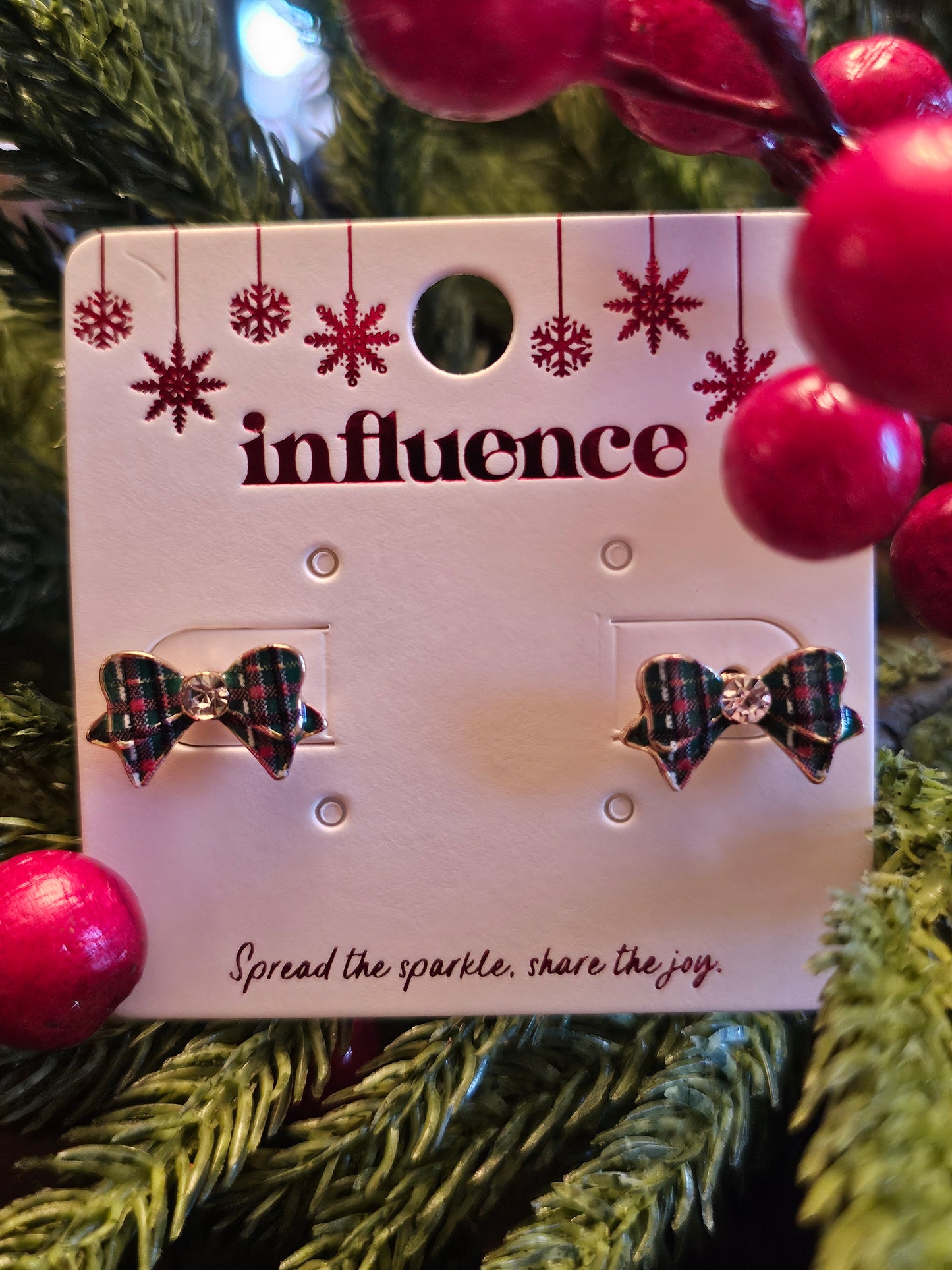 Enamel Green Plaid Bow Stud Earrings