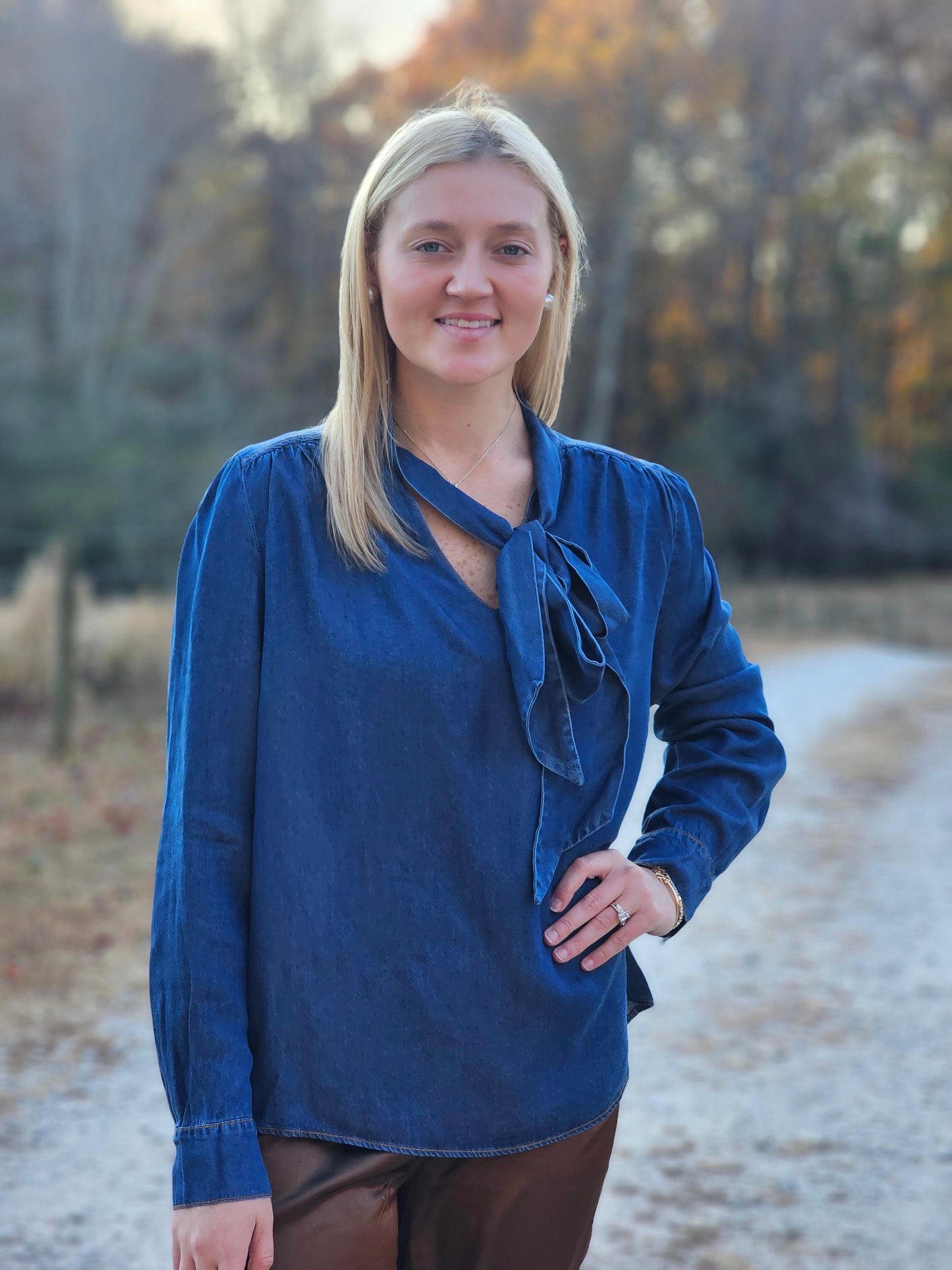 Lyocell Denim Tie Neck Long Sleeve Blouse