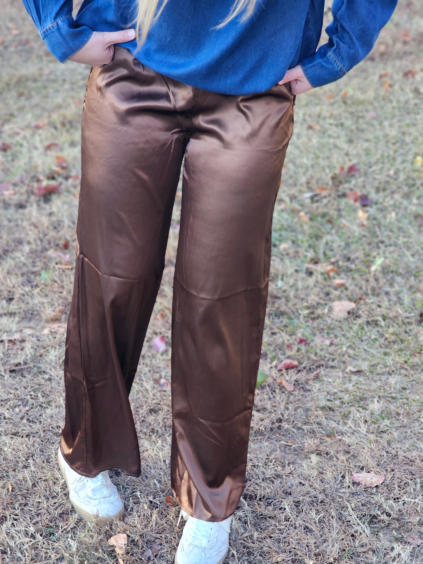 Brown Satin Wide Leg Pants