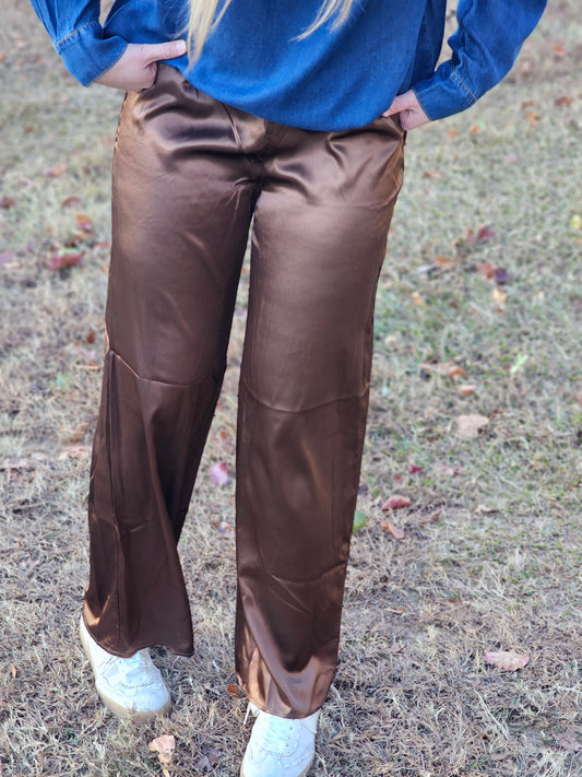 Brown Satin Wide Leg Pants