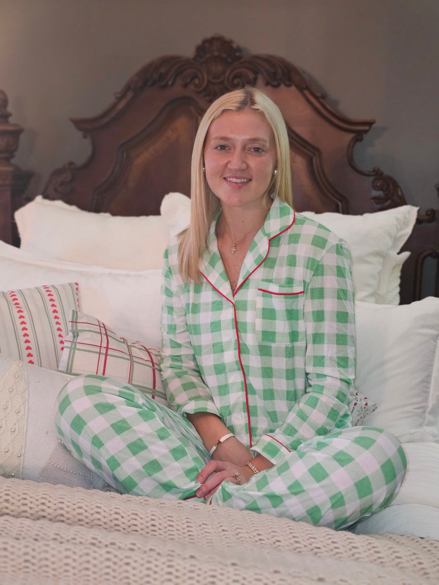 Light Green Christmas Plaid Print Shirt and Pants Pajama Set