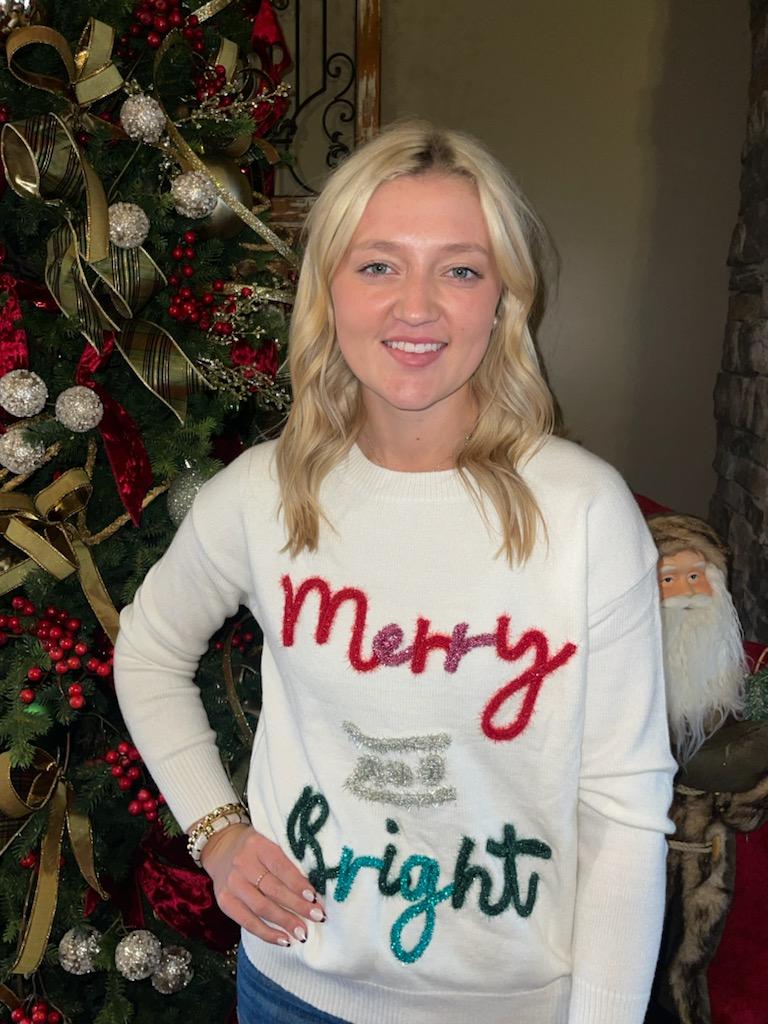 White Tinsel Merry and Bright Graphic Christmas Sweater