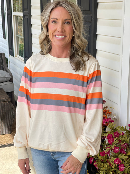 Beige Stripe Puff Sleeve Casual Pullover Sweatshirt