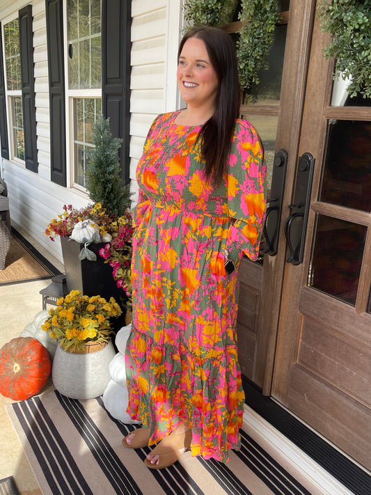 Orange Floral Puff Sleeve Smocked Bodice Ruffled Long Dress