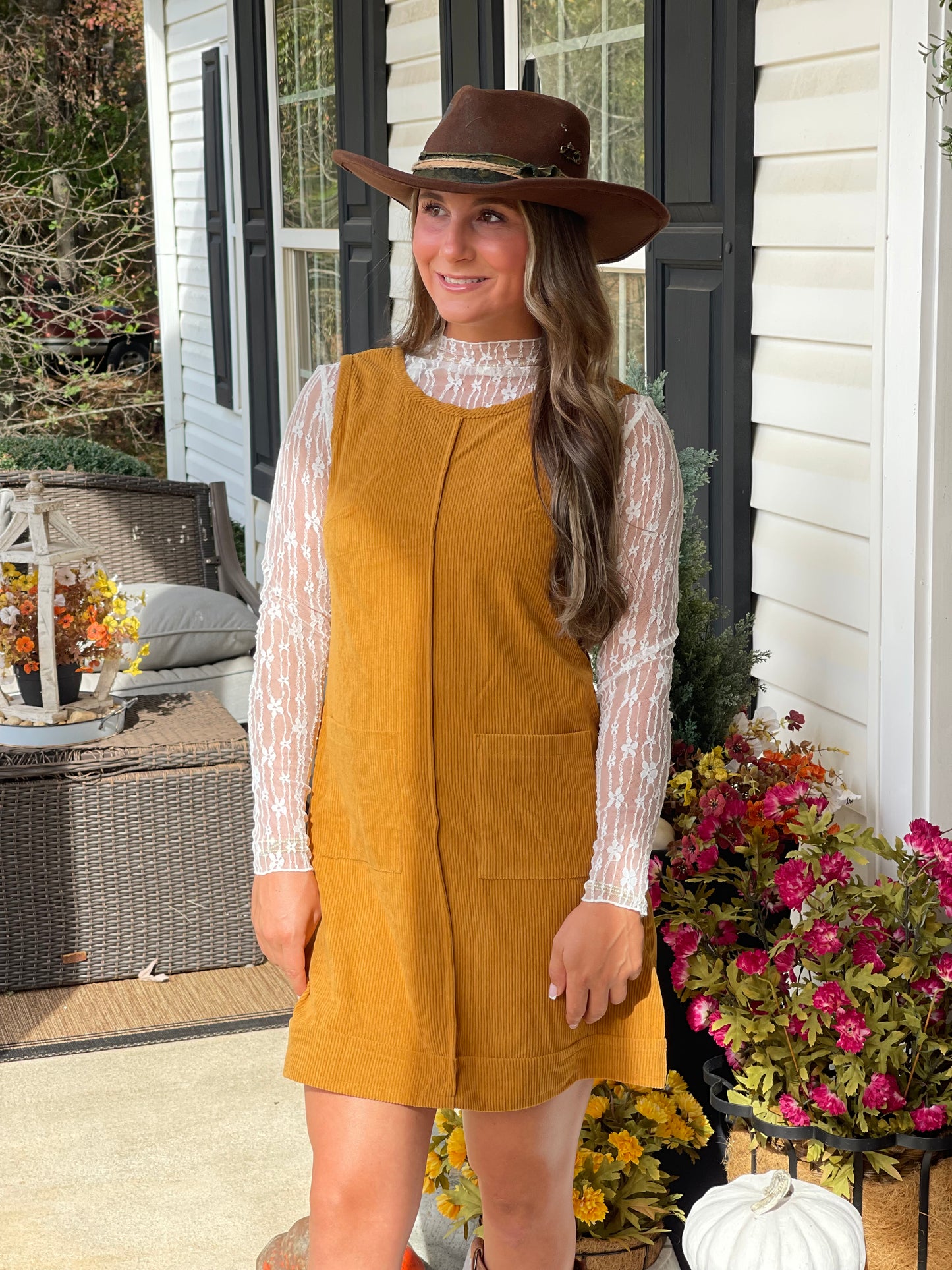 Camel Corduroy Sleeveless Mini Dress With Patched Pockets