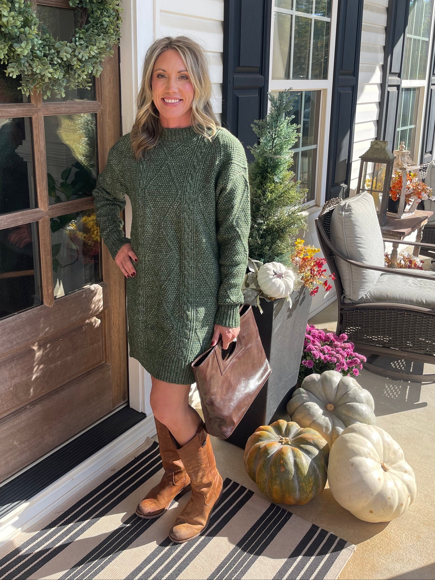 Mist Green Cable Knit Drop Shoulder Loose Fit Sweater Dress