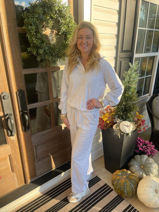 Light Grey Polo Collar V Neck Pullover and Drawstring Sweatpants Set