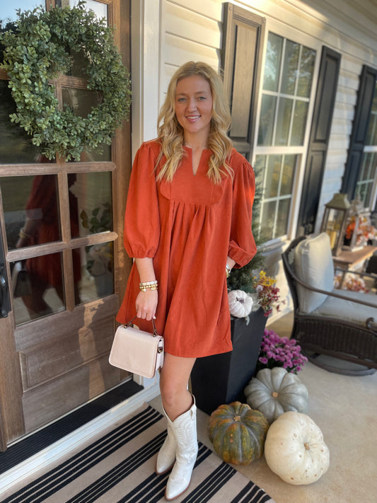 Cinnamon Bracelet Sleeve Split Neck Scallop Detail Pleated Corduroy Mini Dress