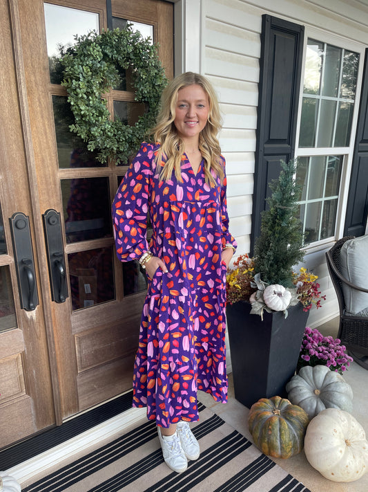 Blue Petal Collared Tiered Flowy Long Dress