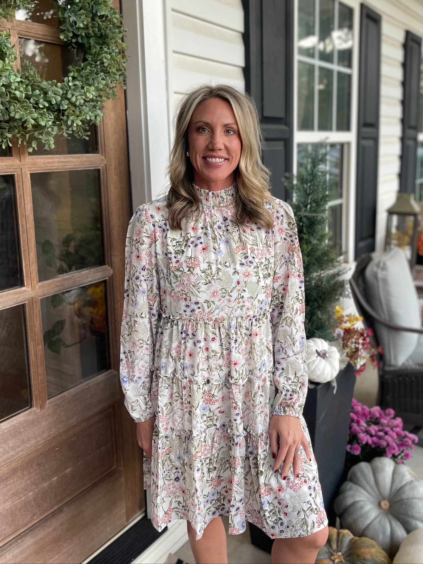 Green Floral Print Tiered Frilled Shirred Mock Neck Mini Dress