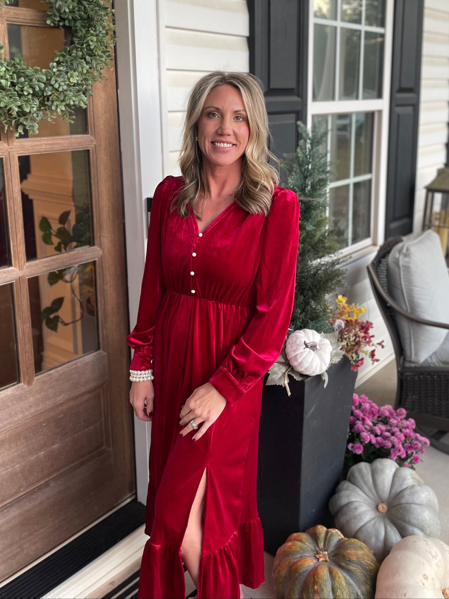 Racing Red Velvet Buttoned Puff Sleeve V Neck Split Midi Dress