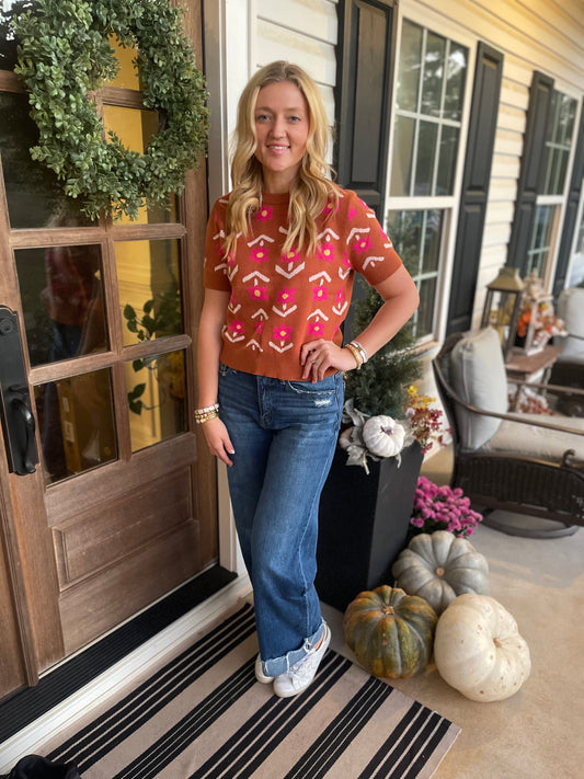 Brown Floral Short Puff Sleeve Sweater