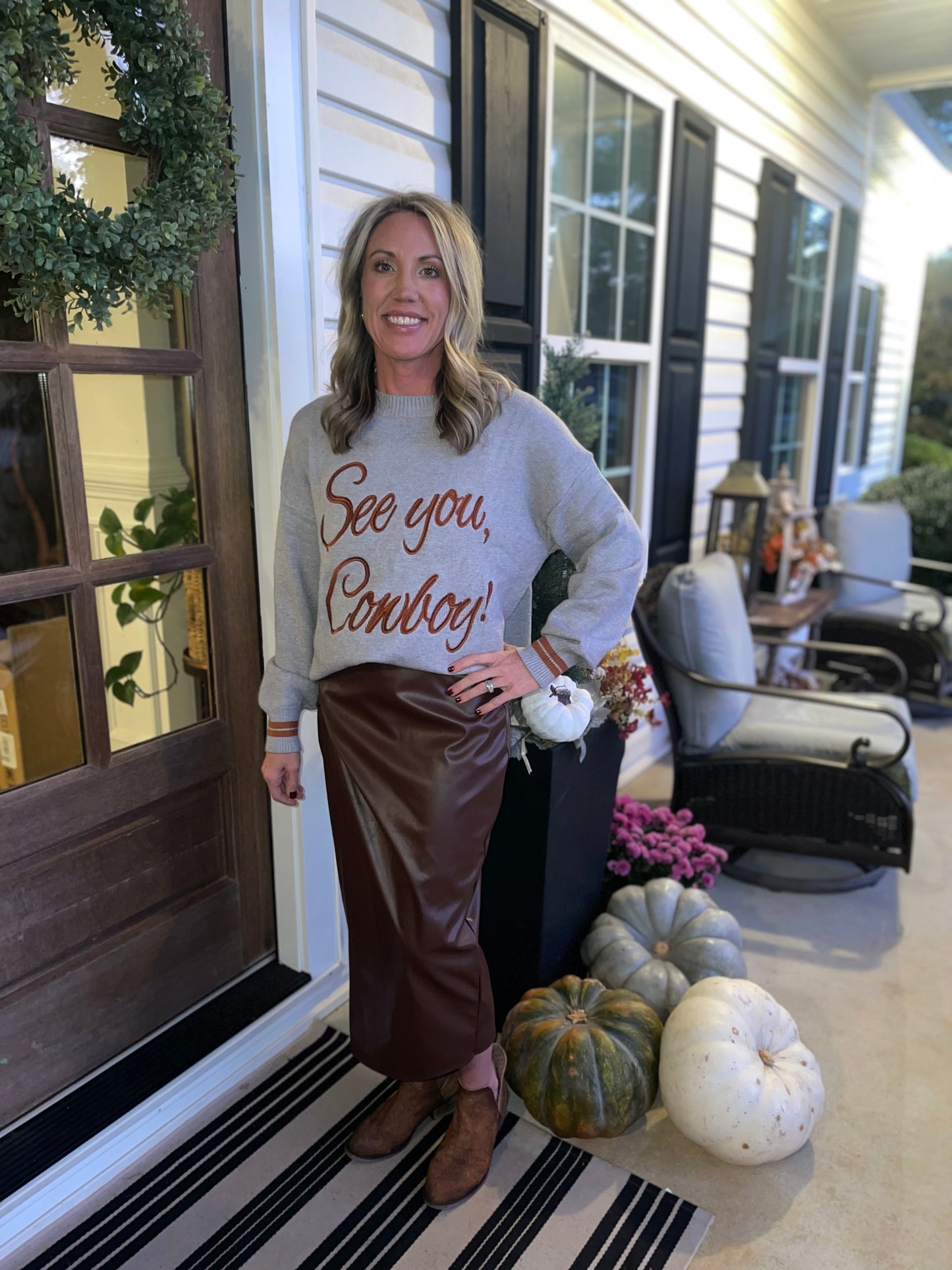 Light Grey See You Cowboy Embroidered Western Graphic Sweater