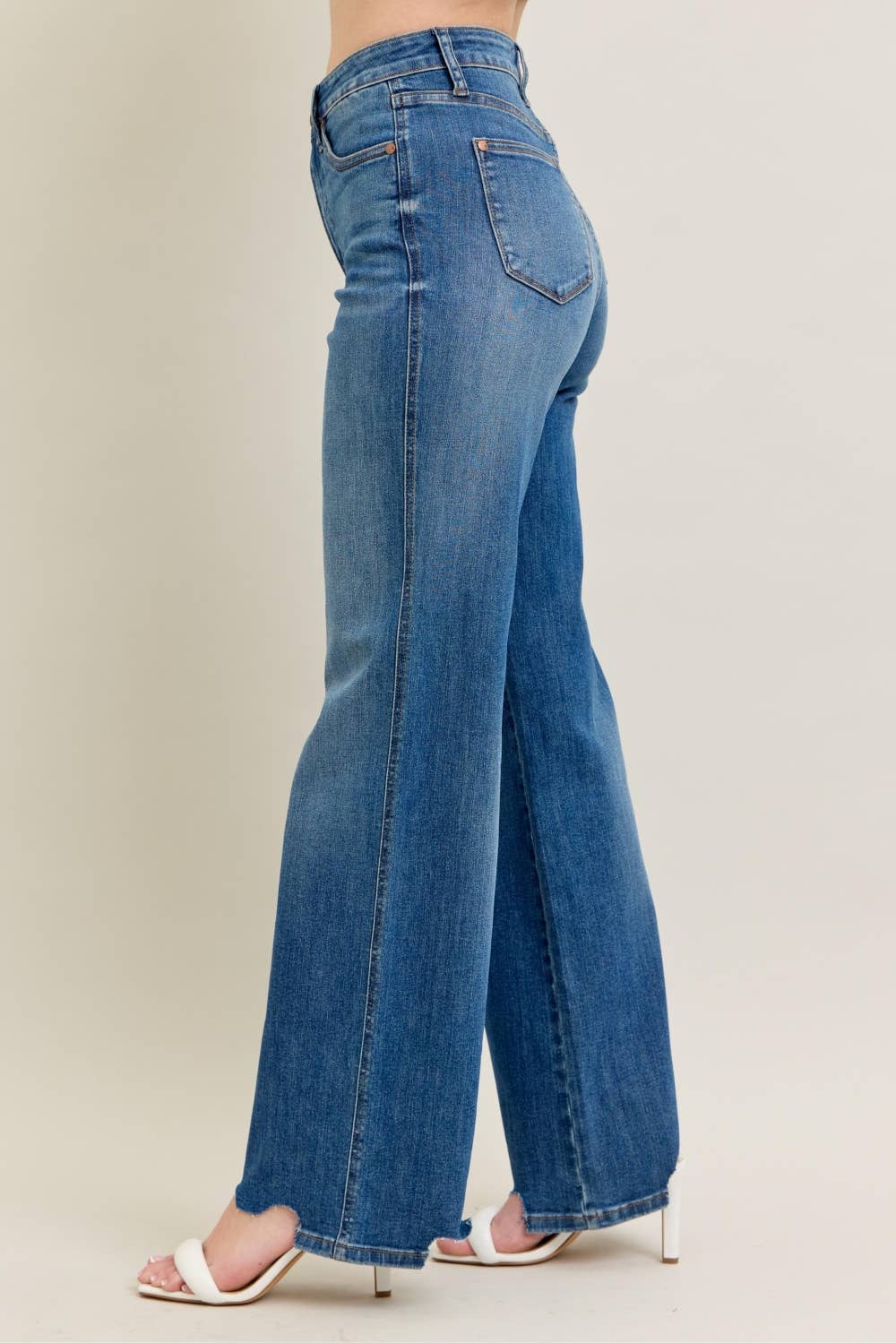 JUDY BLUE High Waisted Tummy Control Chew Hem Distressed Wide Leg