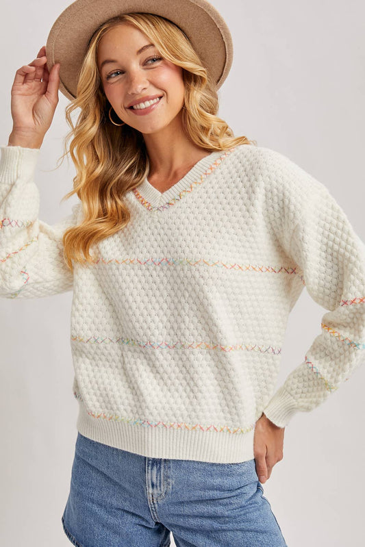 V-NECK WAFFLE KNIT SWEATER PULLOVER