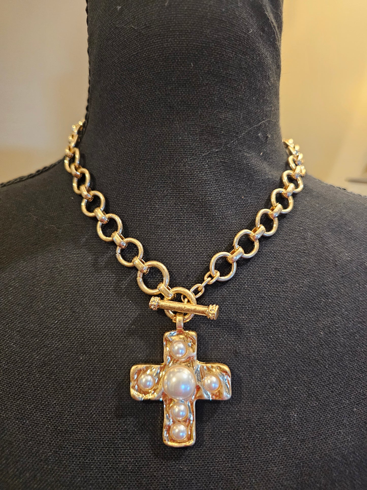 Bold Cross w/ Pearl Accent Toggle Necklace