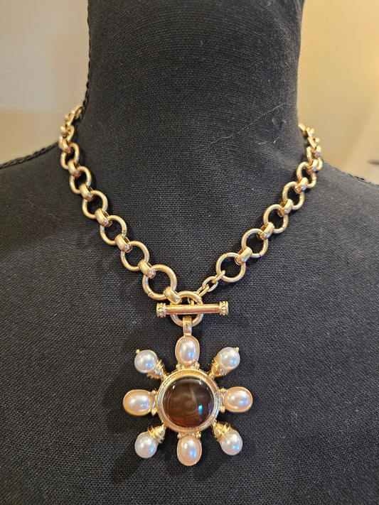 Gold Statement Necklace with Pearl & Gemstone Sunburst Pendant