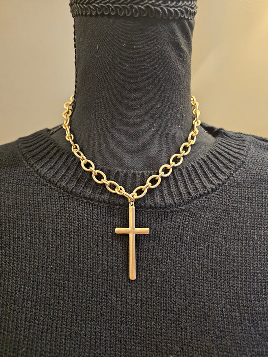Brushed Gold Necklace with Cross Pendant