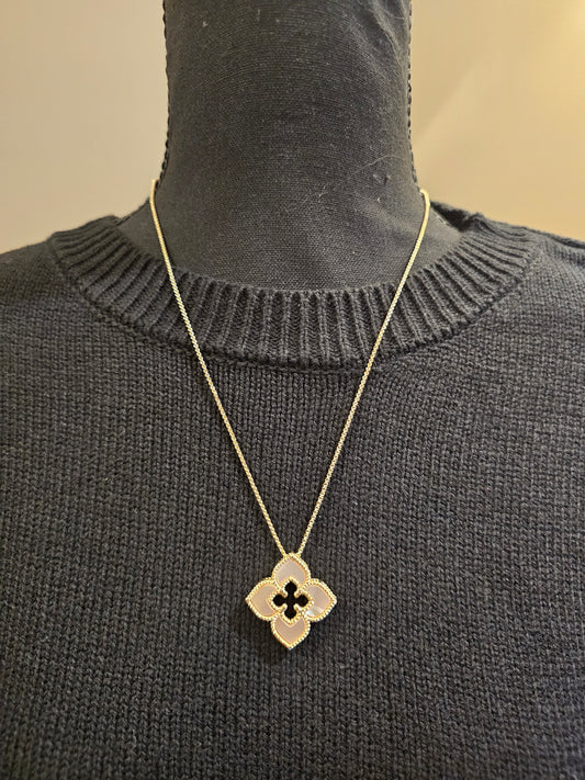 Gold Necklace with Enamel Pearl Flower Shaped Pendant