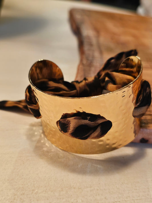 Gold Hammered Cuff with Leopard Print Scarf Detail