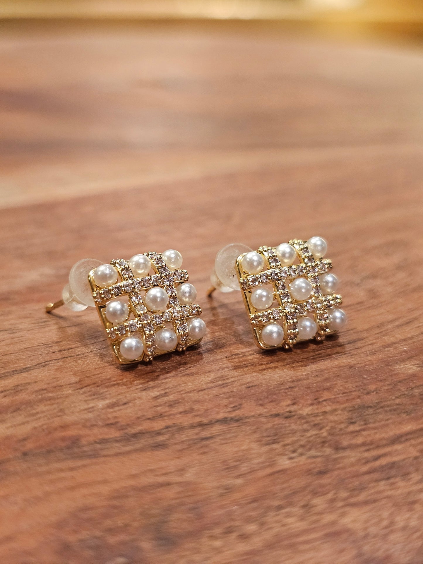 Pearl and Stone Square Shaped Stud Earrings