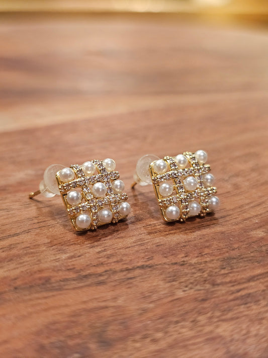 Pearl and Stone Square Shaped Stud Earrings