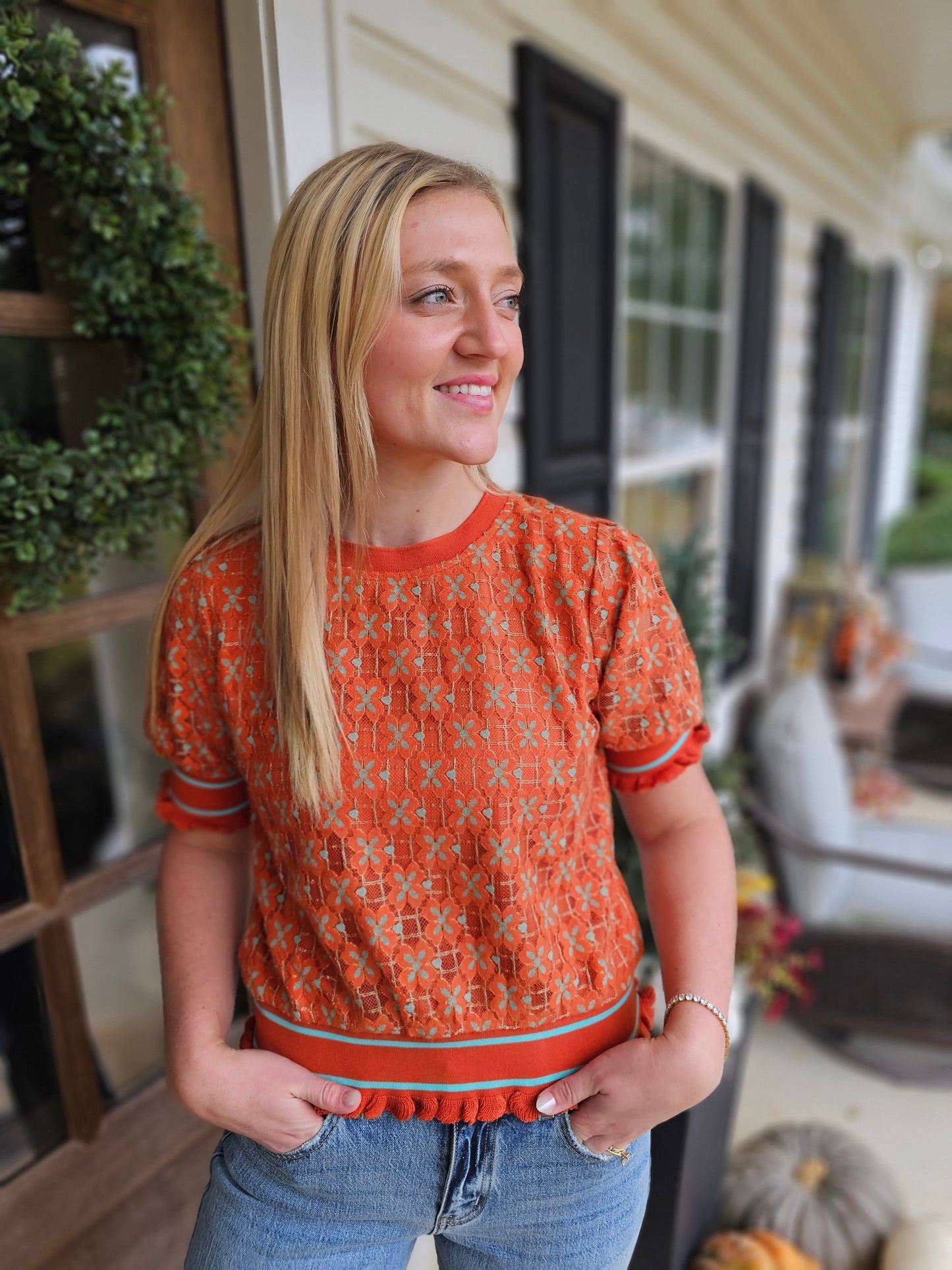 Stripe Rib Detailed Two Tone Laced Top