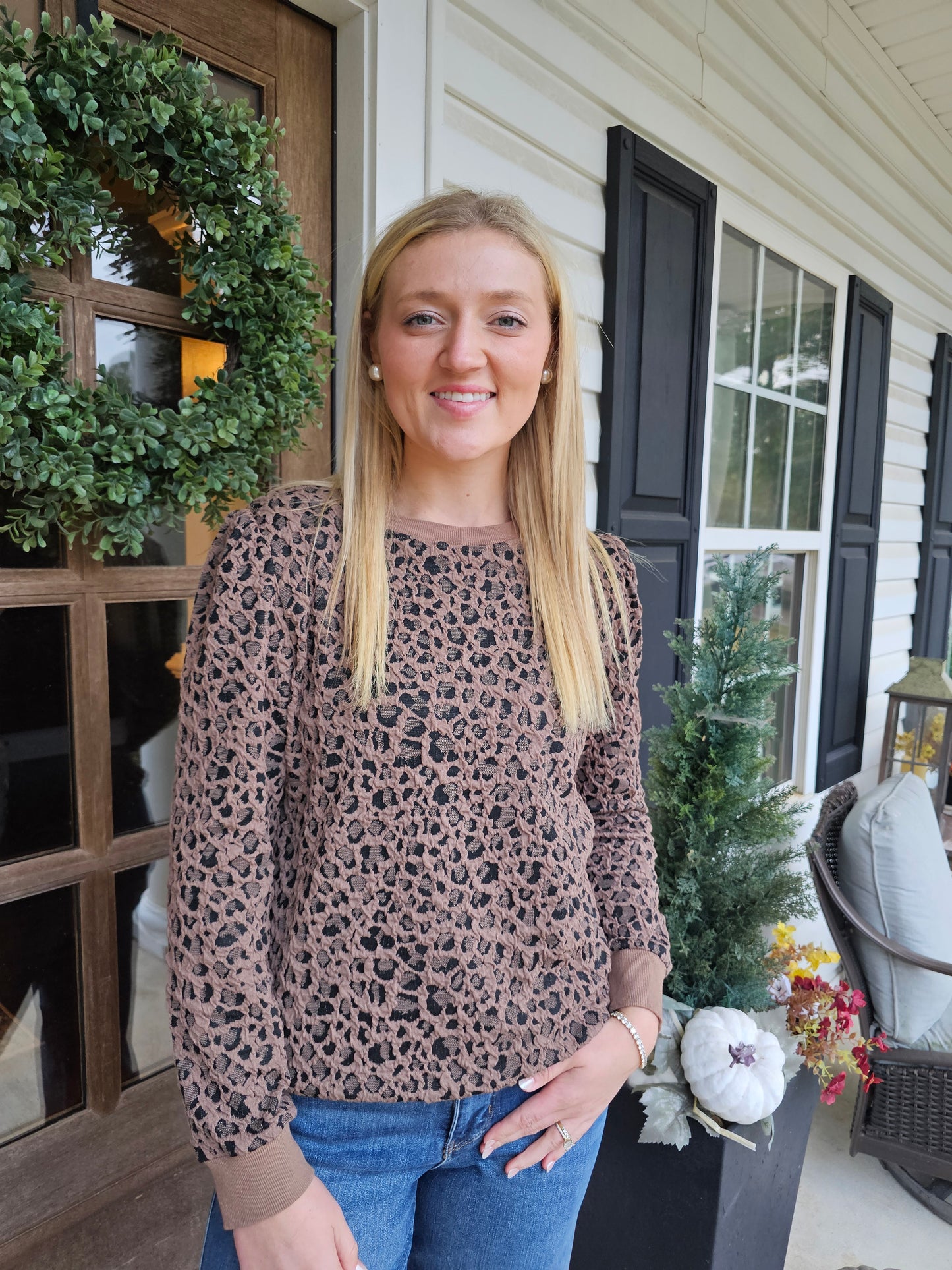 Brown Ribbed Trim Leopard Print Long Sleeve Top