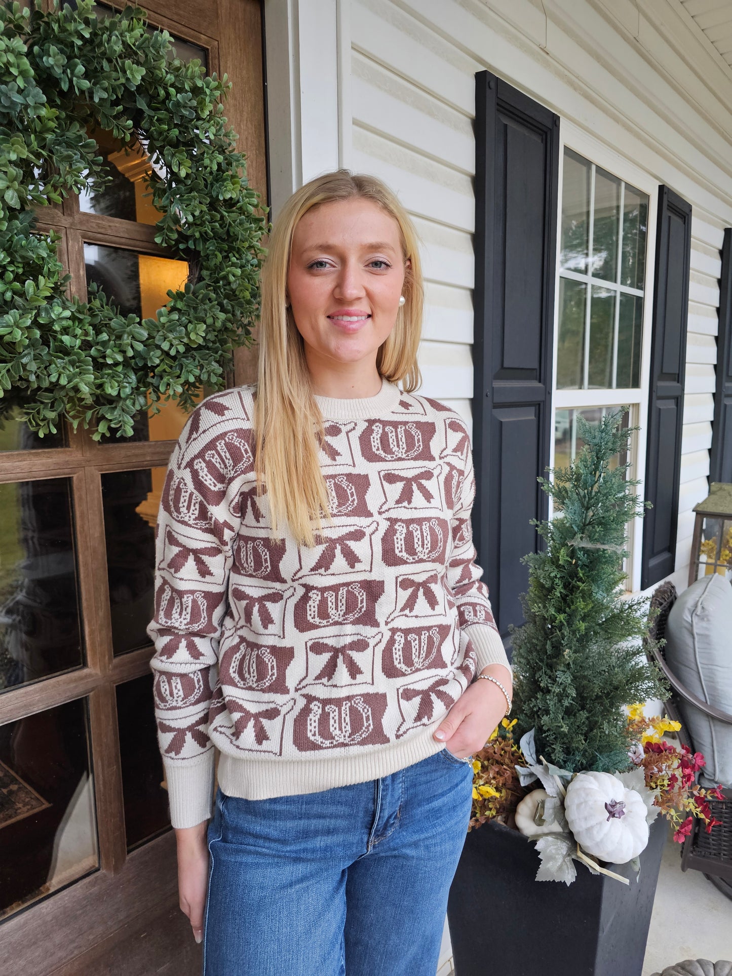 Brown Bows & Horseshoes Pattern Western Fashion Print Sweater