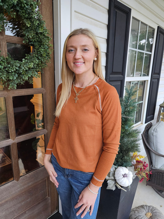 Brown Textured Round Neck Long Sleeve Top