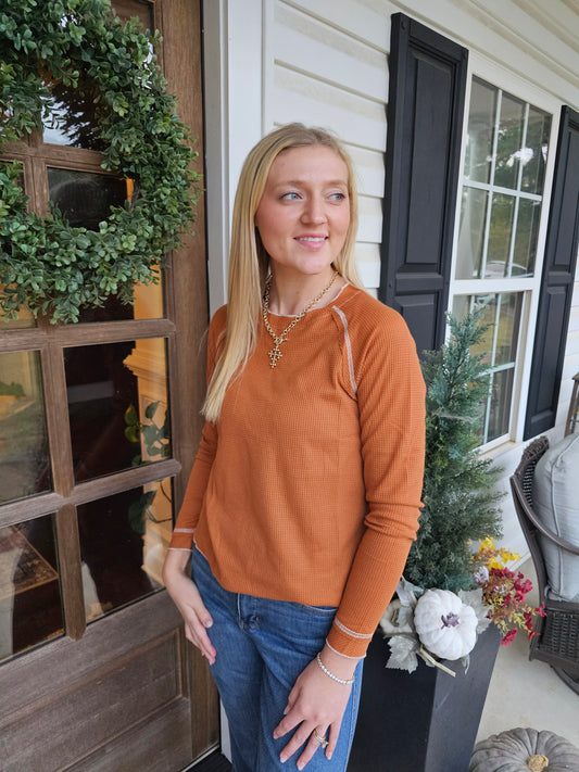 Brown Textured Round Neck Long Sleeve Top