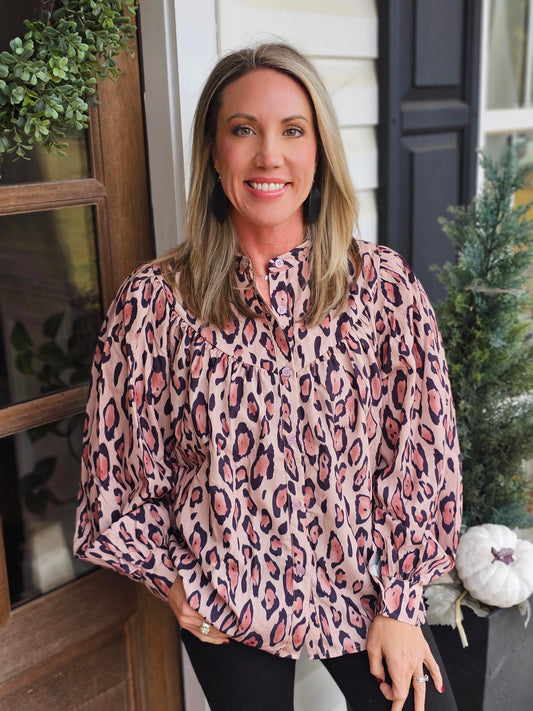 Light French Beige Oversized Leopard Print Balloon Sleeve Casual Shirt