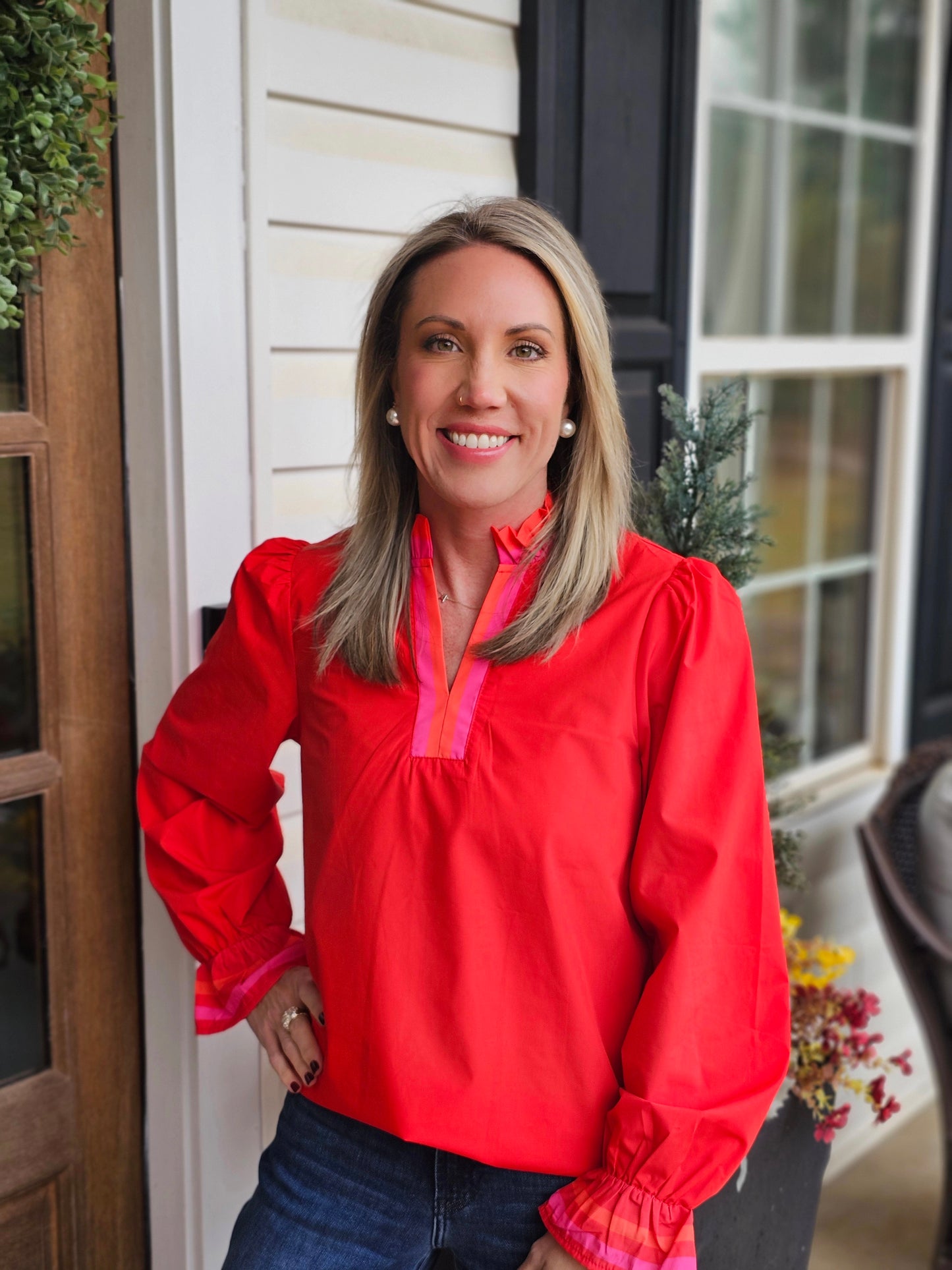 Fiery Red Striped Trim Ruffle Split Neck Long Sleeve Blouse