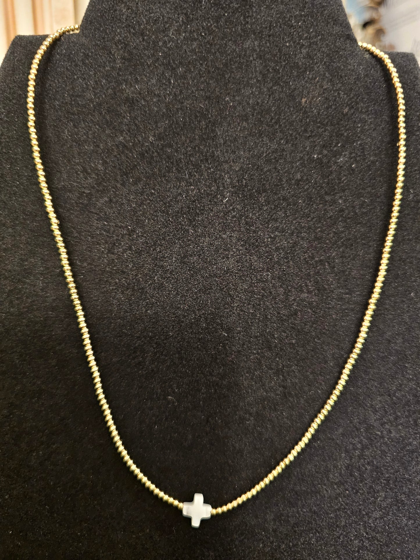 Gold Beaded Necklace with Enamel Cross