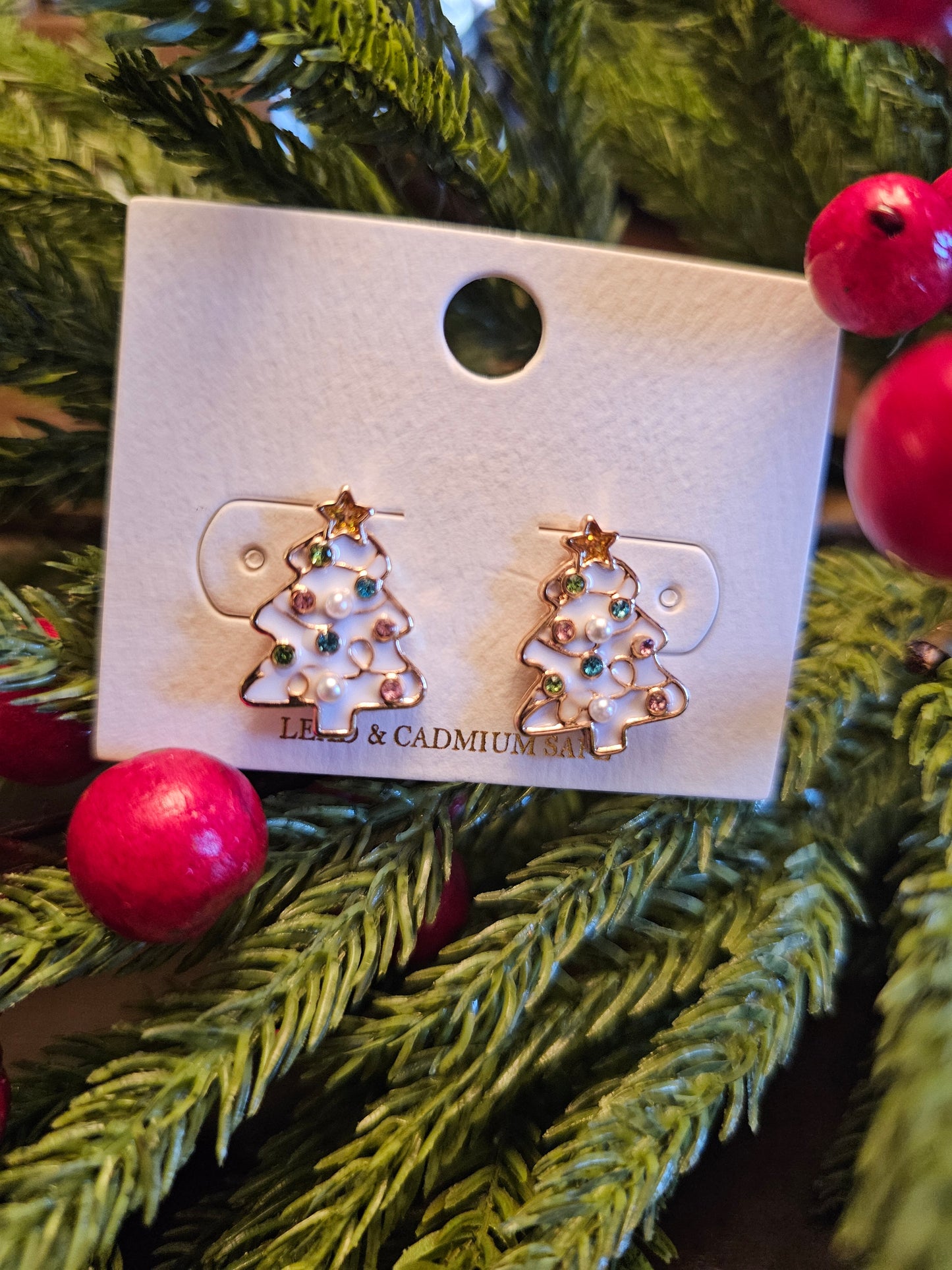 Enamel White Christmas Tree Stud Earrings w/ Stone & Pearl Accent