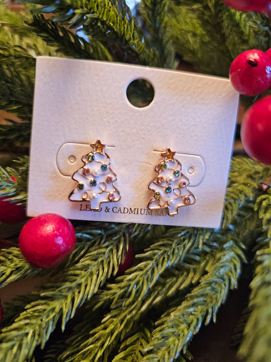 Enamel White Christmas Tree Stud Earrings w/ Stone & Pearl Accent