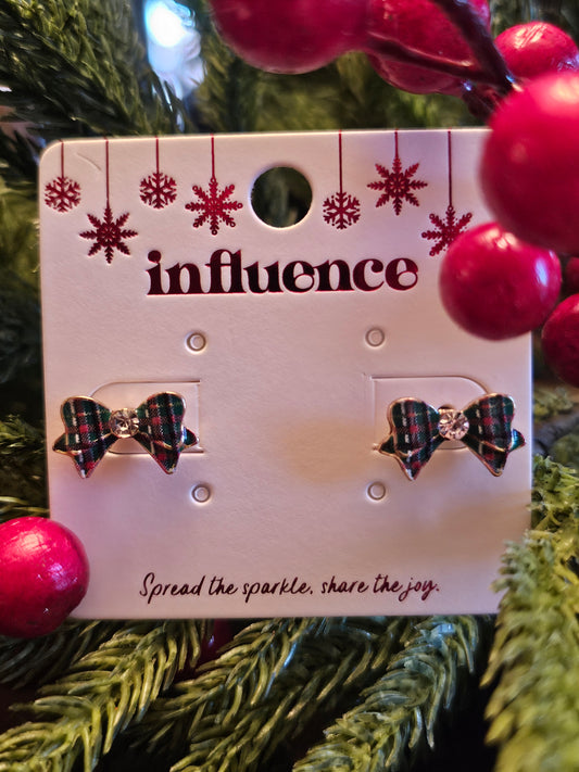 Enamel Green Plaid Bow Stud Earrings