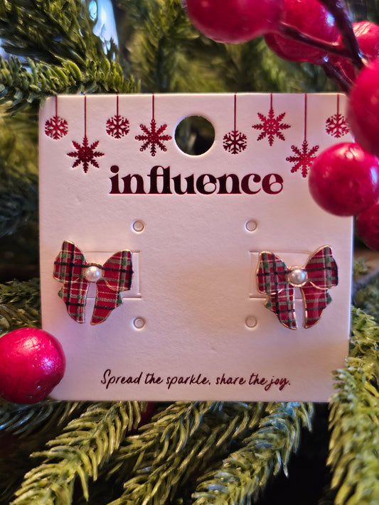 Enamel Red Plaid Bow Stud Earrings