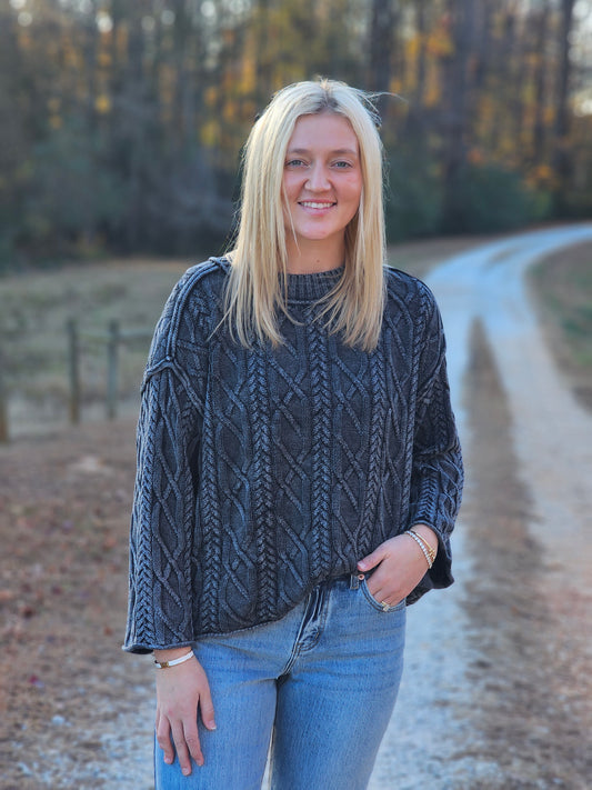 Mineral Washed Cotton Cable Knit Sweater