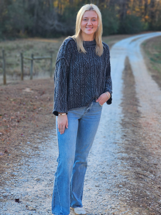 Mineral Washed Cotton Cable Knit Sweater