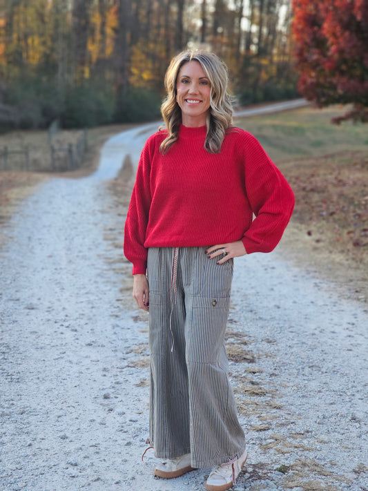 Elastic Waist Vintage Washed Stripe Pants